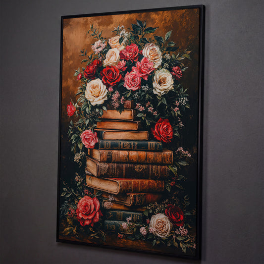 Vintage Book Stack with Roses Canvas shown in black floating frame