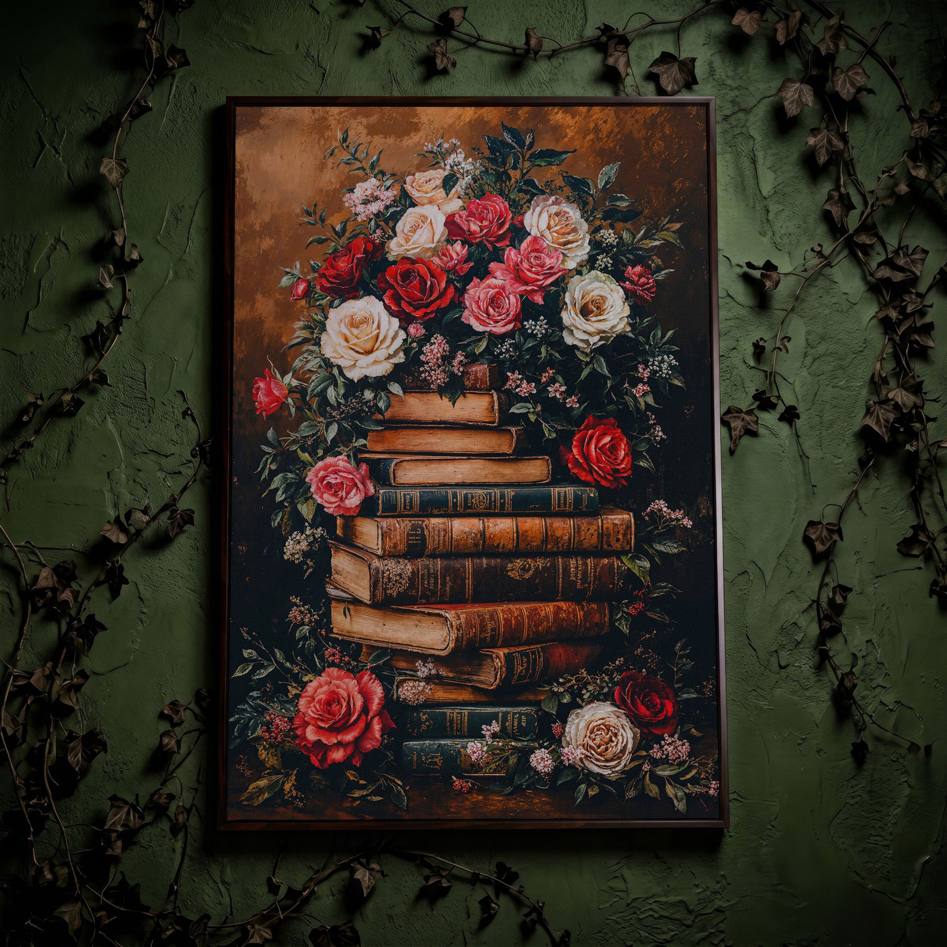 Vintage Book Stack with Roses Canvas in dark walnut floating frame