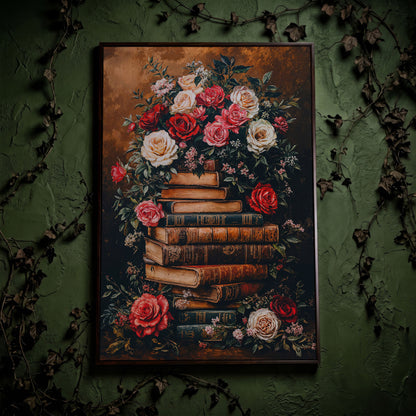 Vintage Book Stack with Roses Canvas in dark walnut floating frame