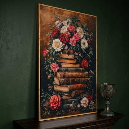 Vintage Book Stack with Roses Canvas in white oak floating frame