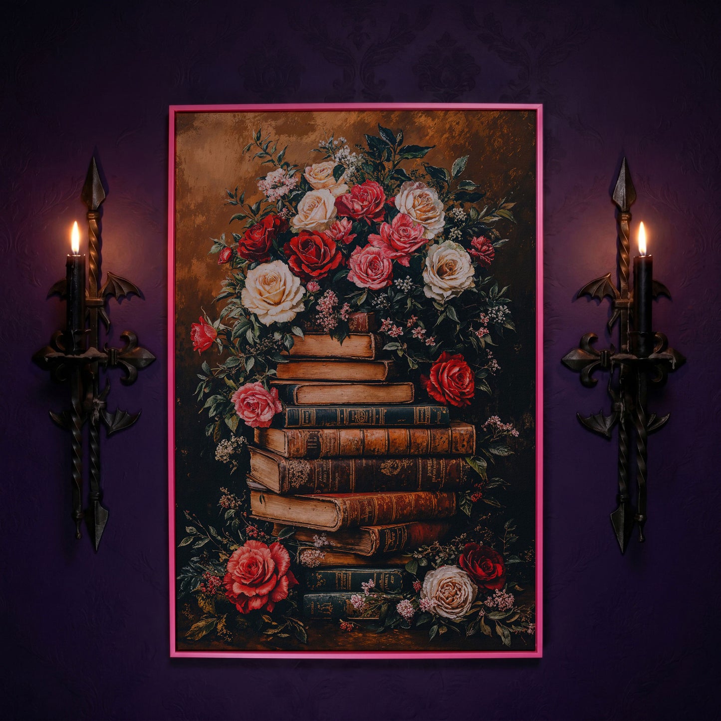 Vintage Book Stack with Roses Canvas in pink floating frame