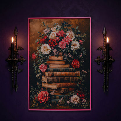 Vintage Book Stack with Roses Canvas in pink floating frame