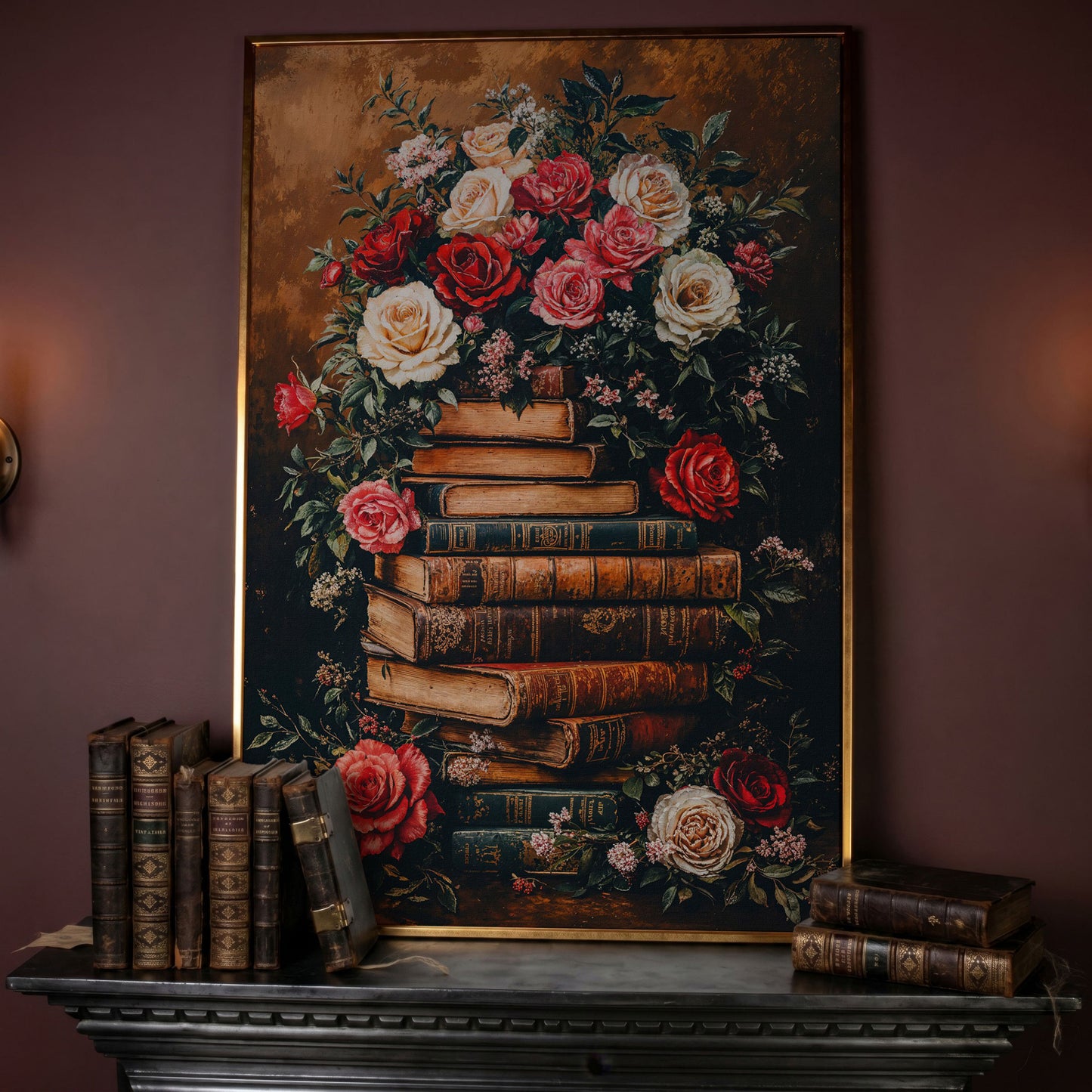 Vintage Book Stack with Roses Canvas in rose gold floating frame