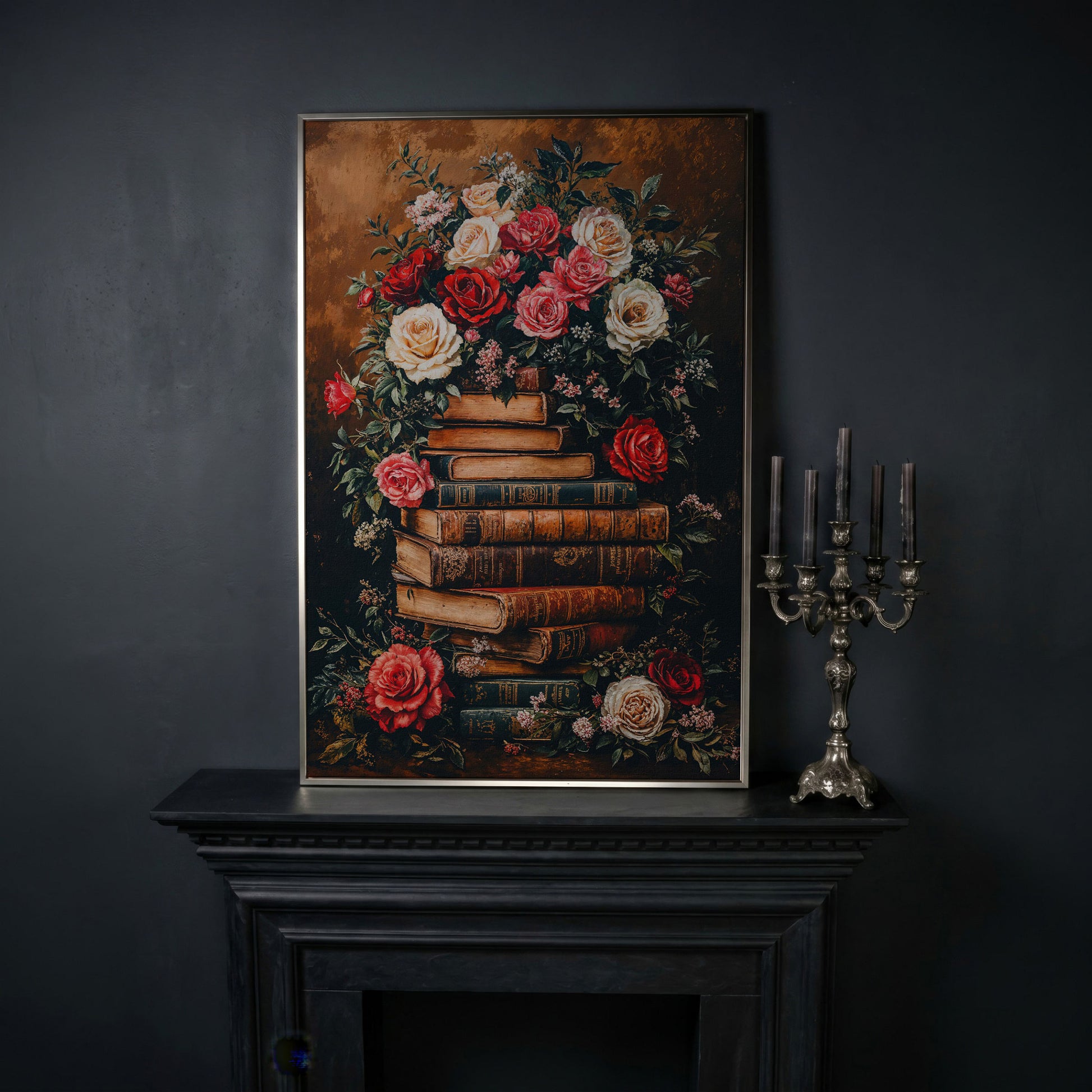 Vintage Book Stack with Roses Canvas in silver floating frame