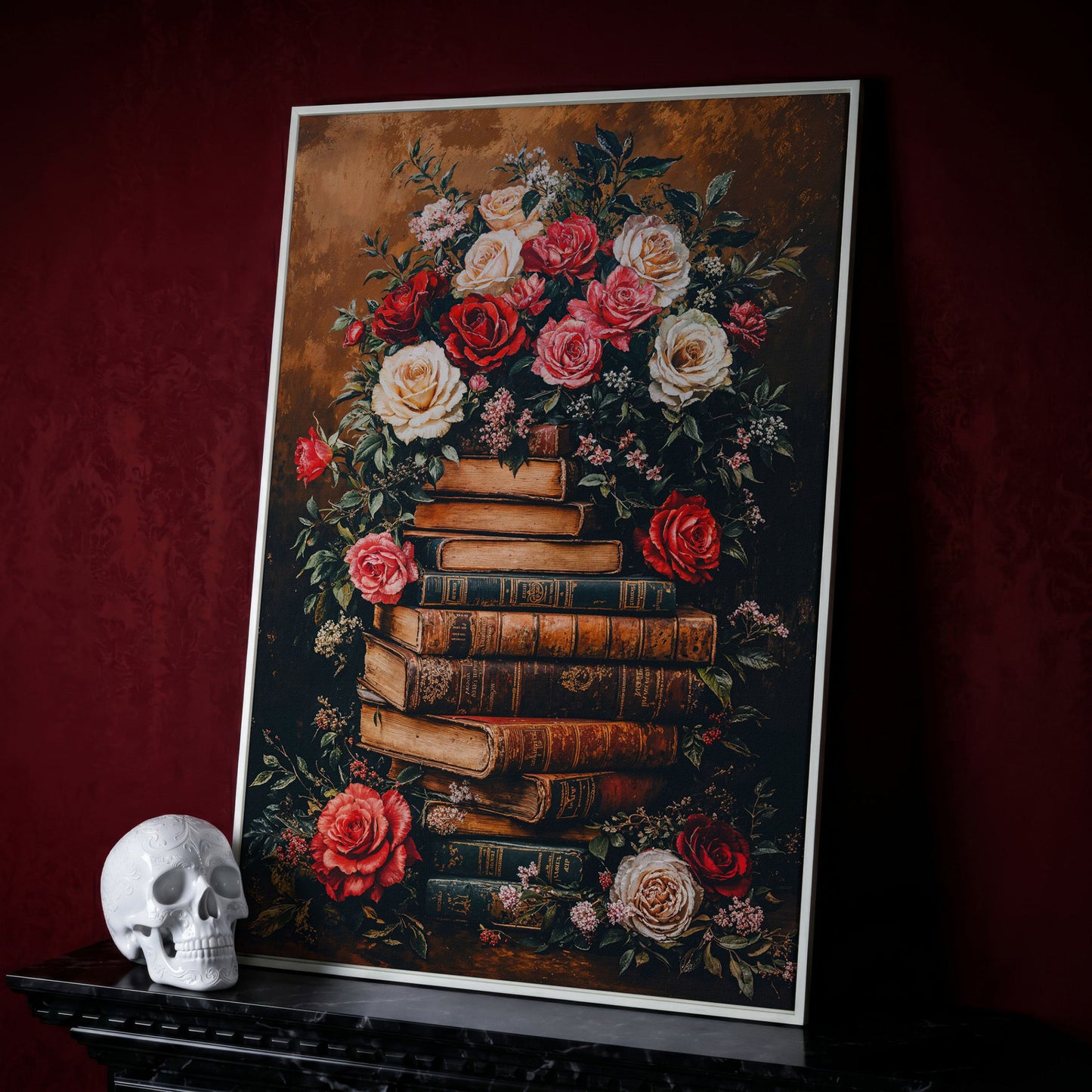 Vintage Book Stack with Roses Canvas in white floating frame