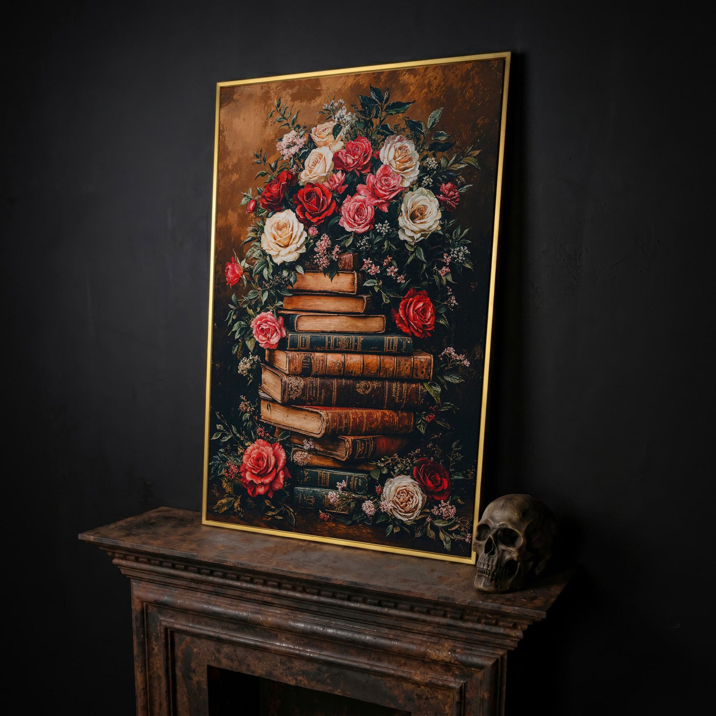 Vintage Book Stack with Roses Canvas in yellow gold floating frame