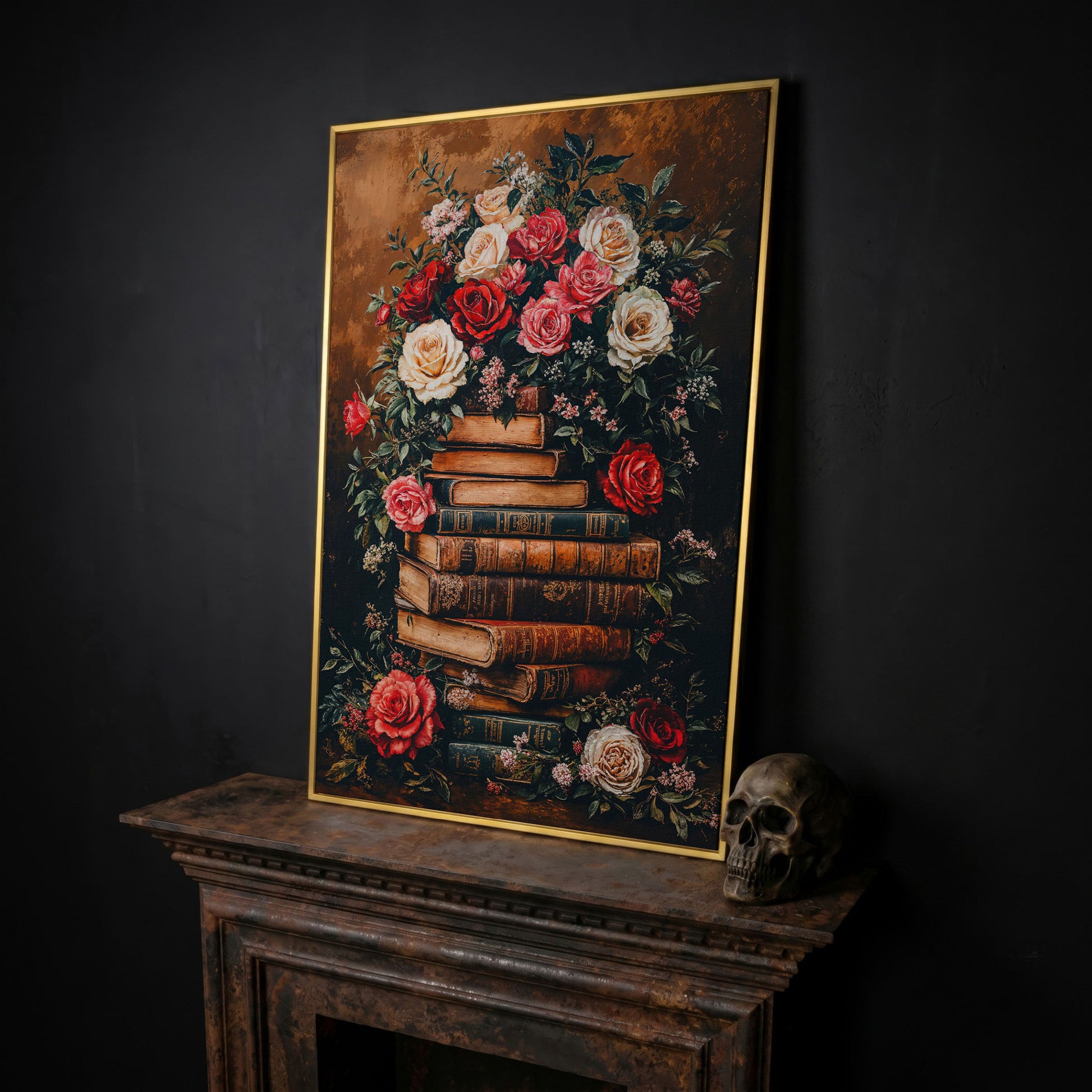 Vintage Book Stack with Roses Canvas in yellow gold floating frame