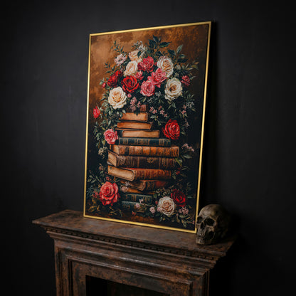 Vintage Book Stack with Roses Canvas in yellow gold floating frame