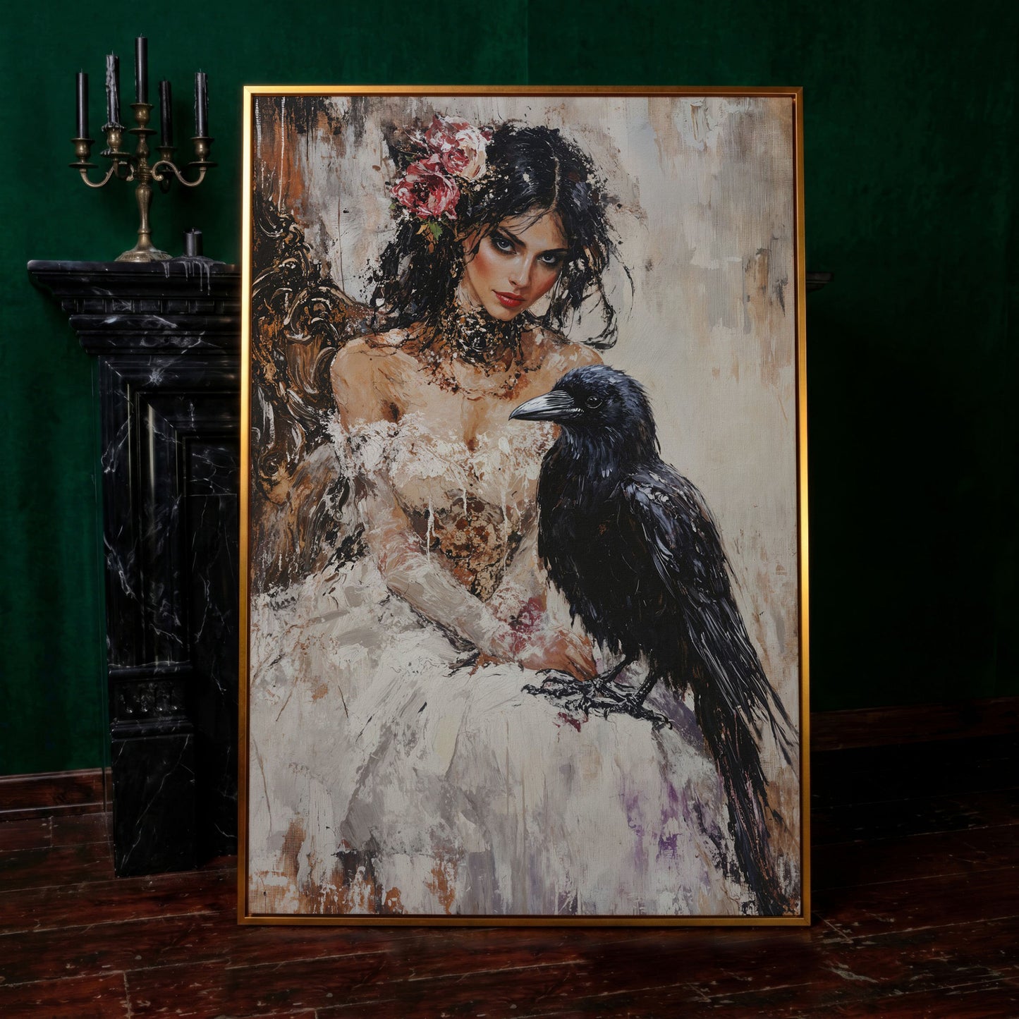 Woman with Raven Canvas Print in antique gold floating frame