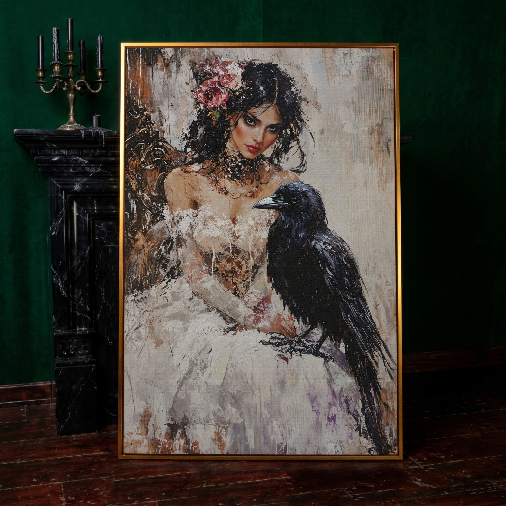 Woman with Raven Canvas Print in antique gold floating frame
