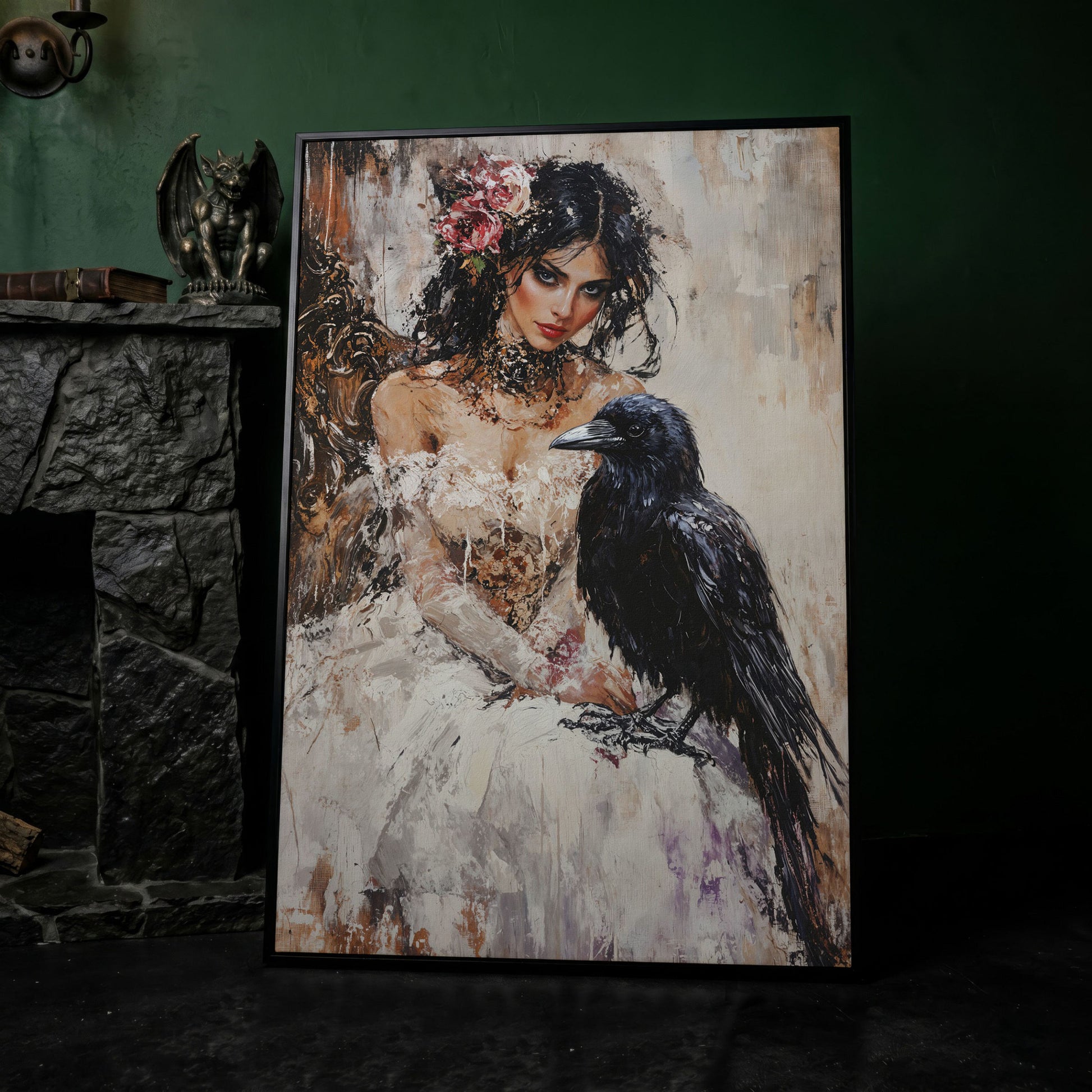 Woman with Raven Canvas Print in black floating frame