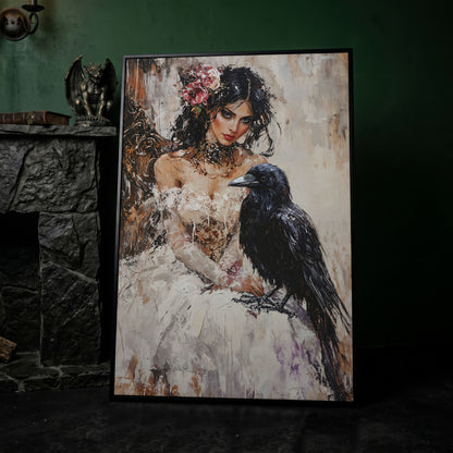 Woman with Raven Canvas Print in black floating frame