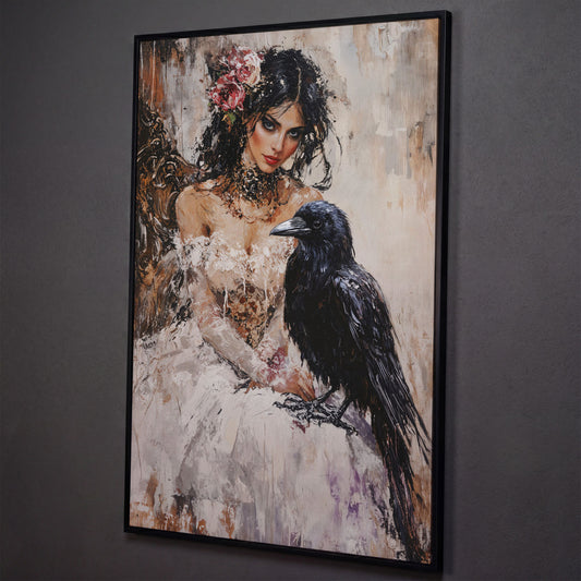 Woman with Raven Canvas Print shown in black floating frame