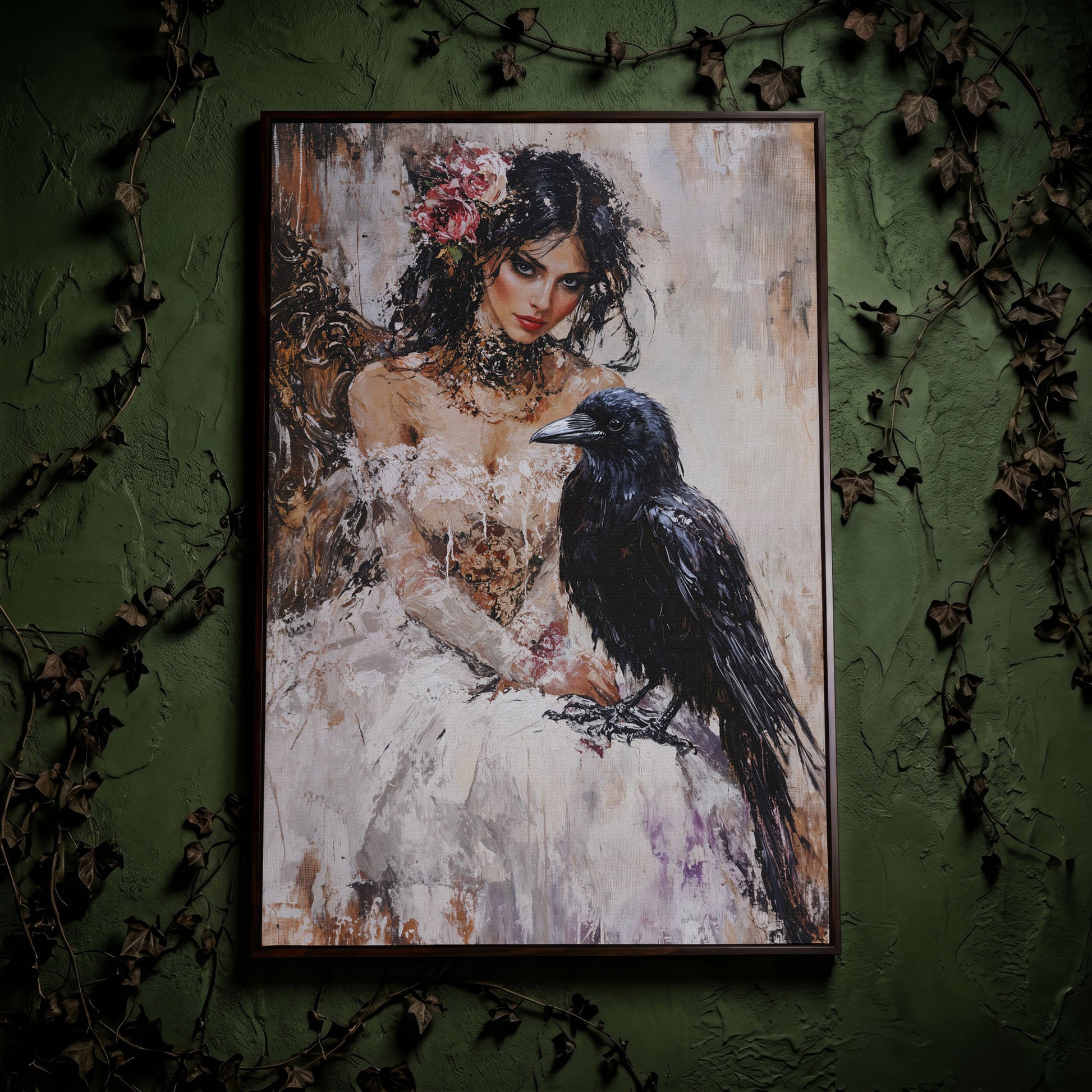 Woman with Raven Canvas Print in dark walnut floating frame