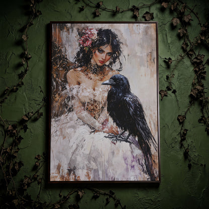 Woman with Raven Canvas Print in dark walnut floating frame