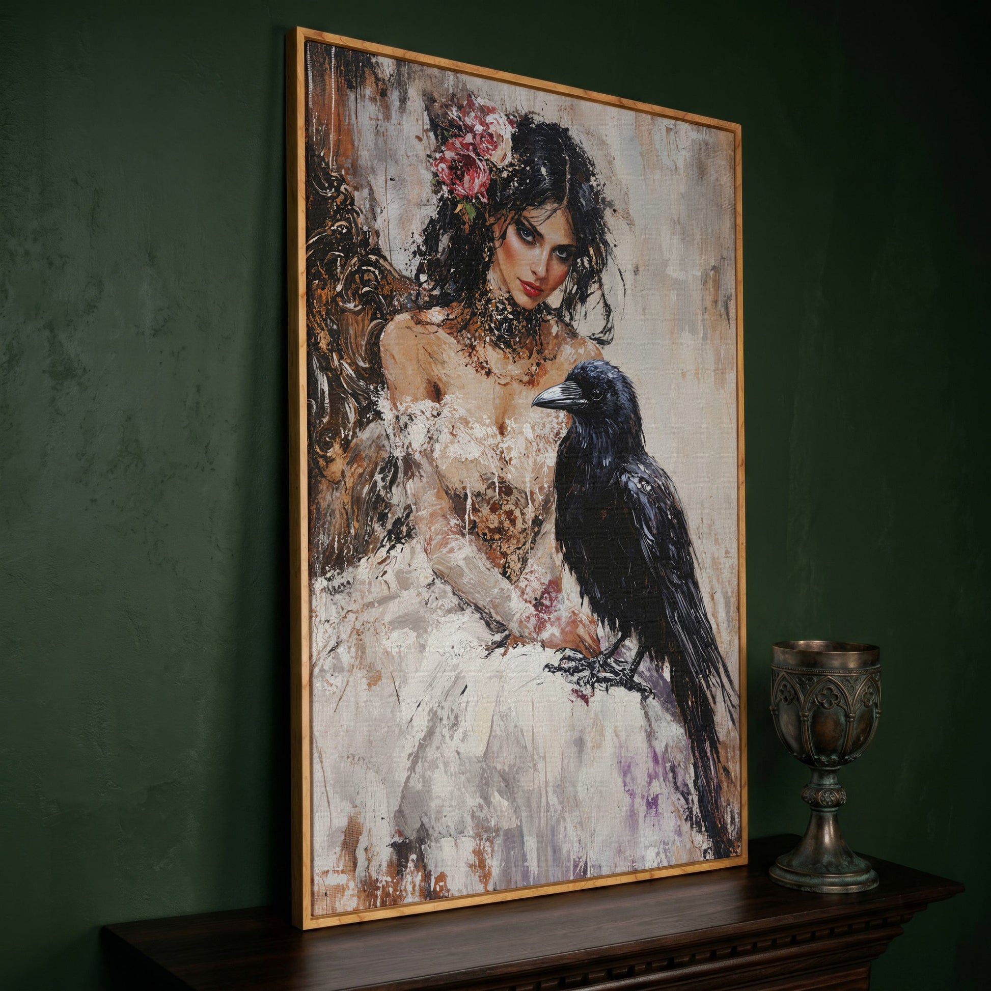 Woman with Raven Canvas Print in white oak floating frame