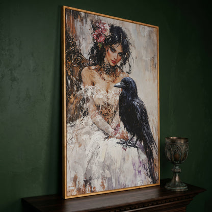 Woman with Raven Canvas Print in white oak floating frame