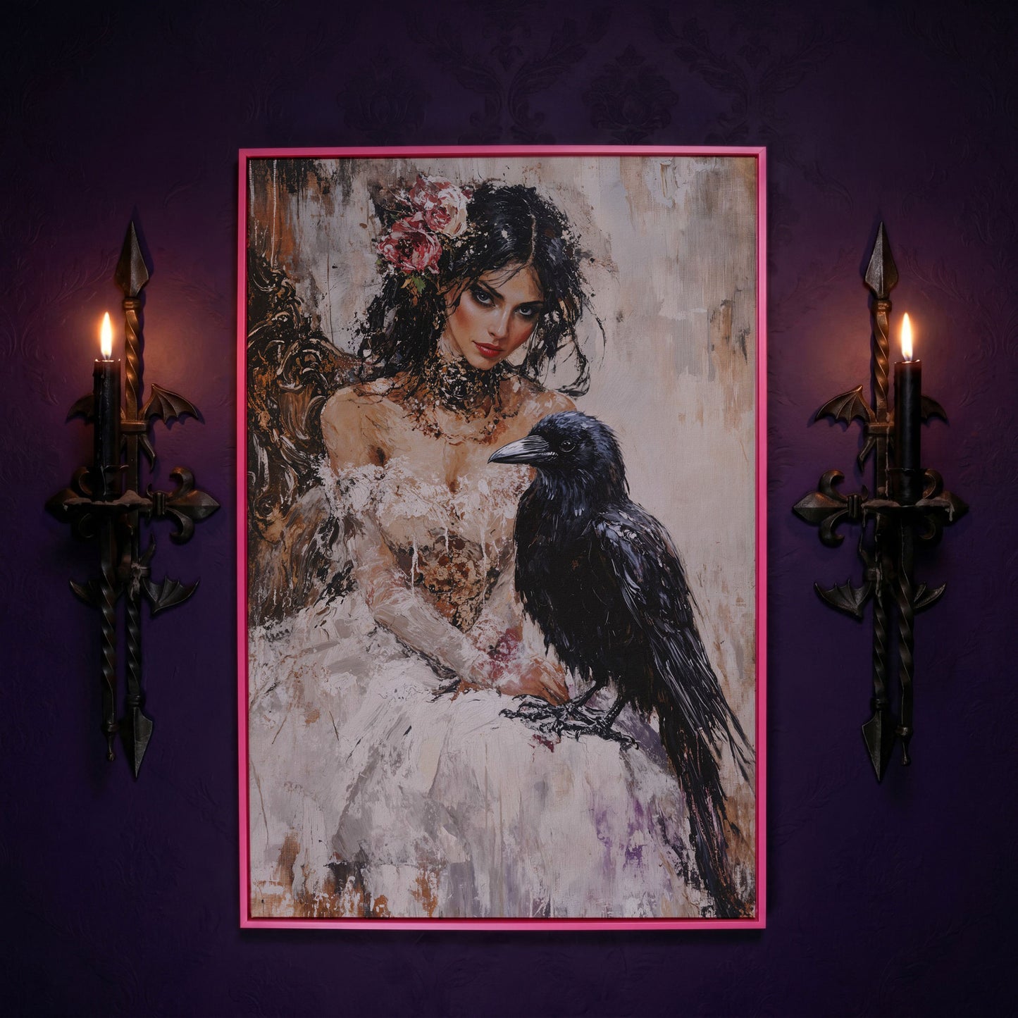 Woman with Raven Canvas Print in pink floating frame