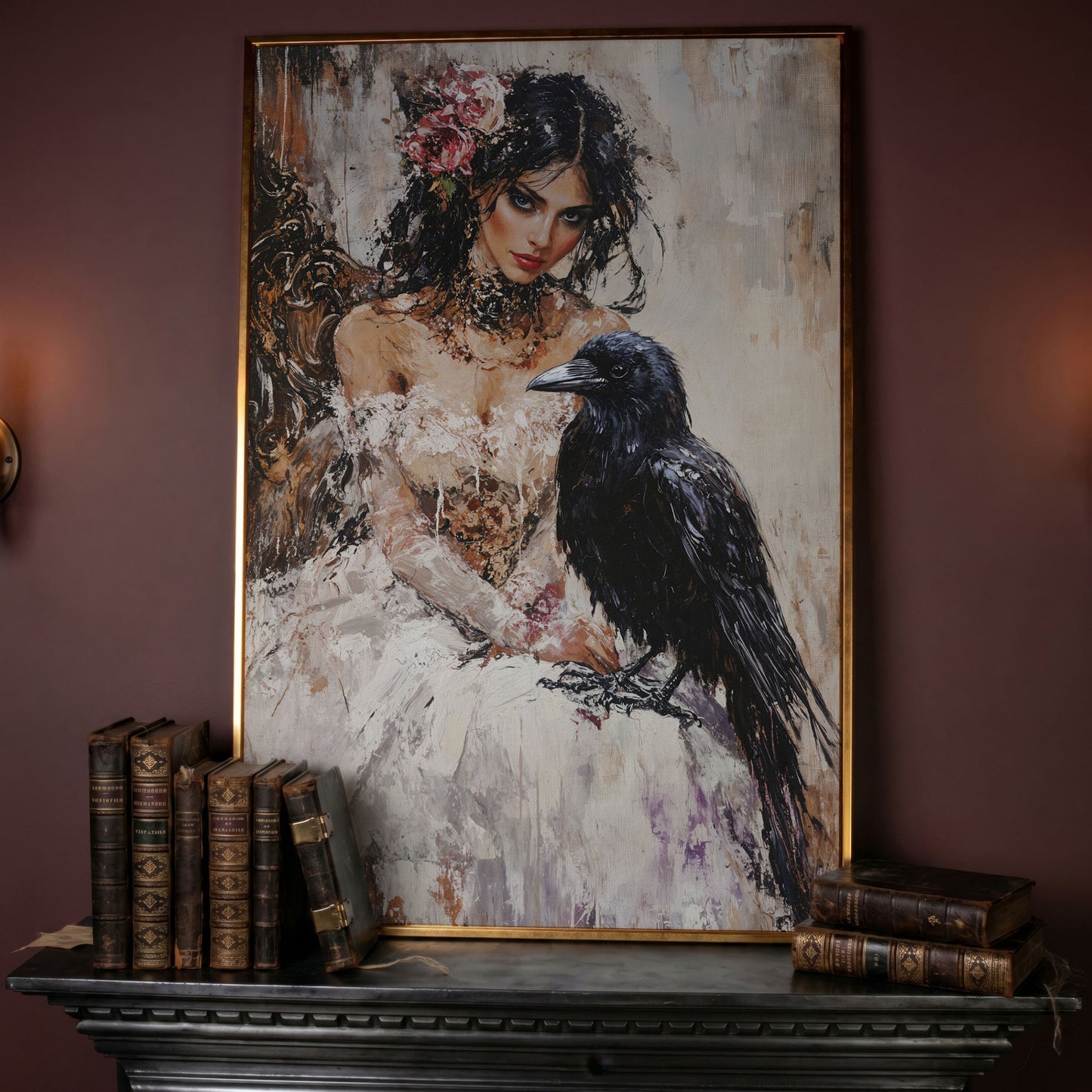 Woman with Raven Canvas Print in rose gold floating frame
