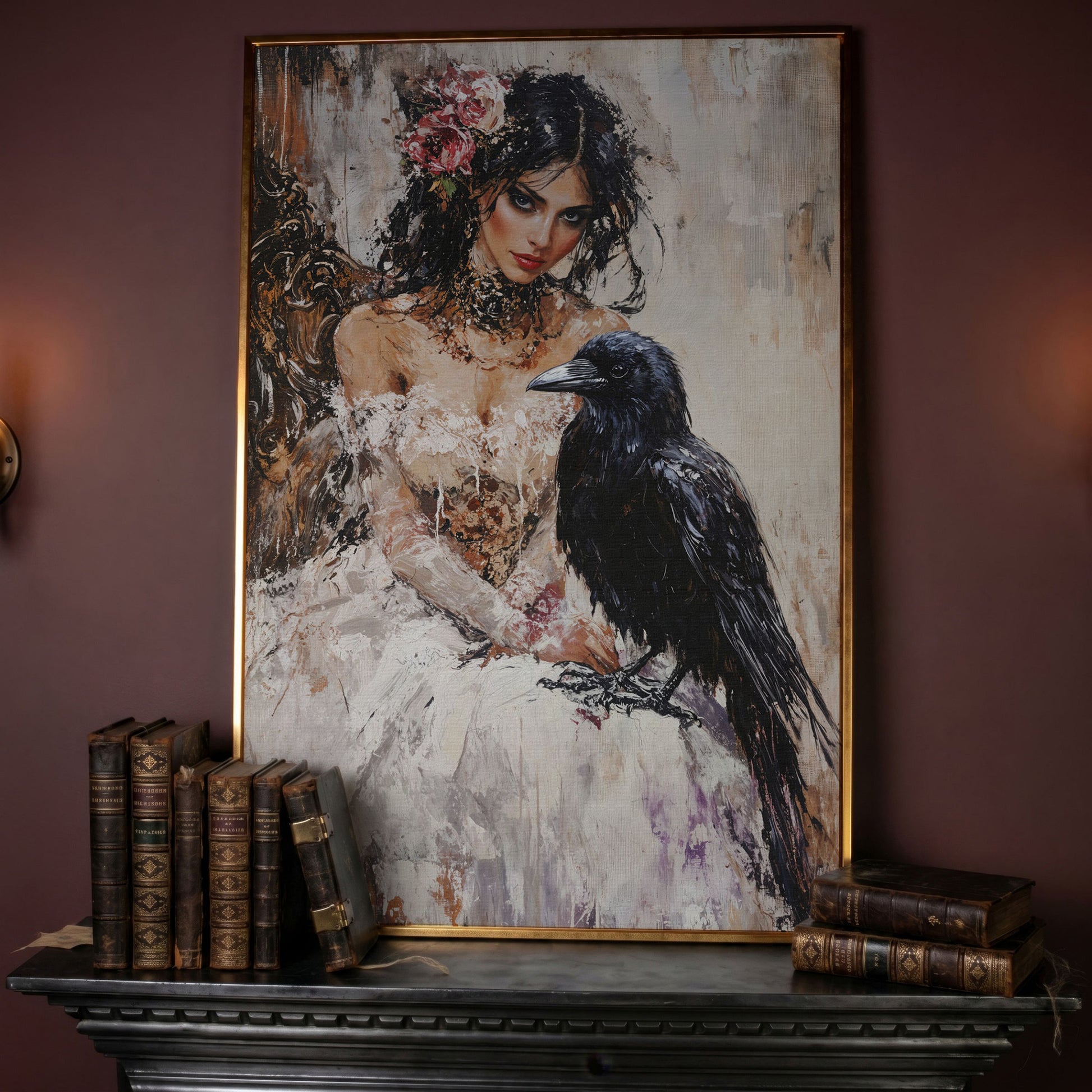 Woman with Raven Canvas Print in rose gold floating frame