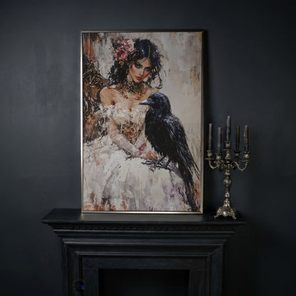Woman with Raven Canvas Print in silver floating frame
