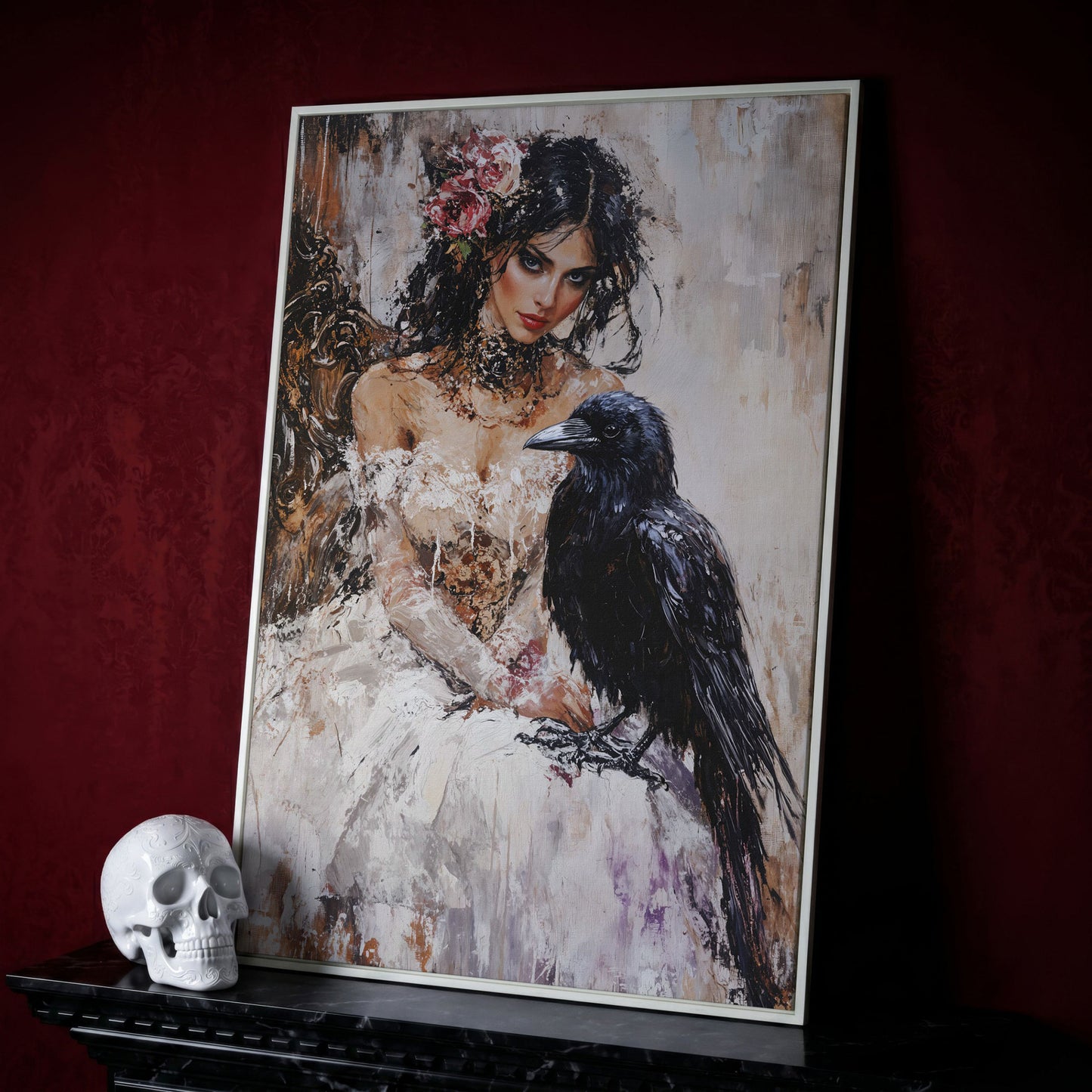 Woman with Raven Canvas Print in white floating frame