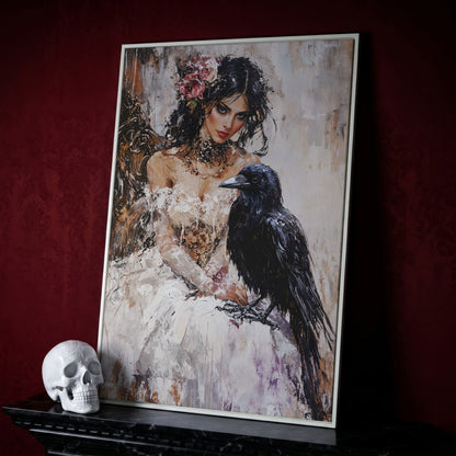 Woman with Raven Canvas Print in white floating frame