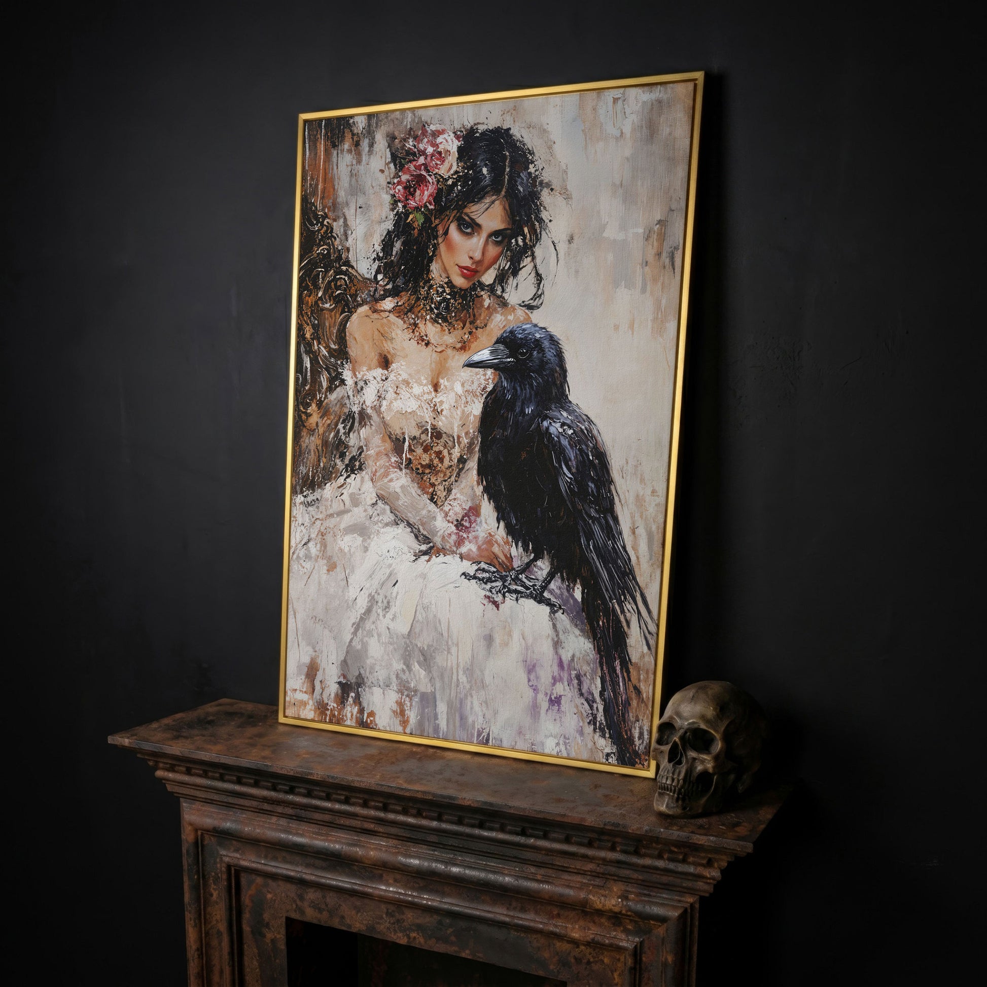 Woman with Raven Canvas Print in yellow gold floating frame