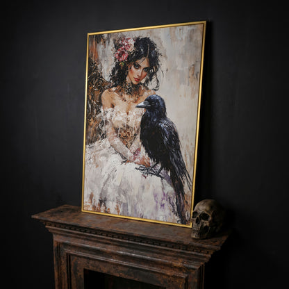 Woman with Raven Canvas Print in yellow gold floating frame