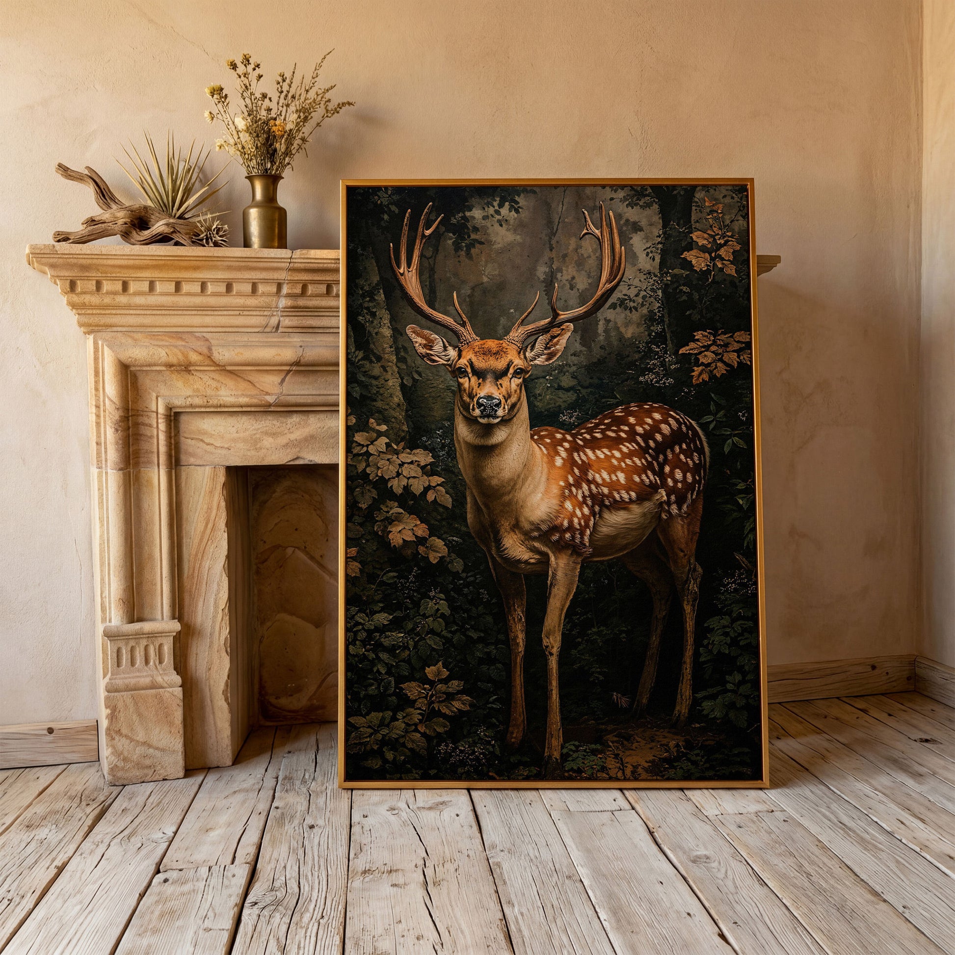 Deer in Forest Canvas Print, Sepia and Green in antique gold floating frame