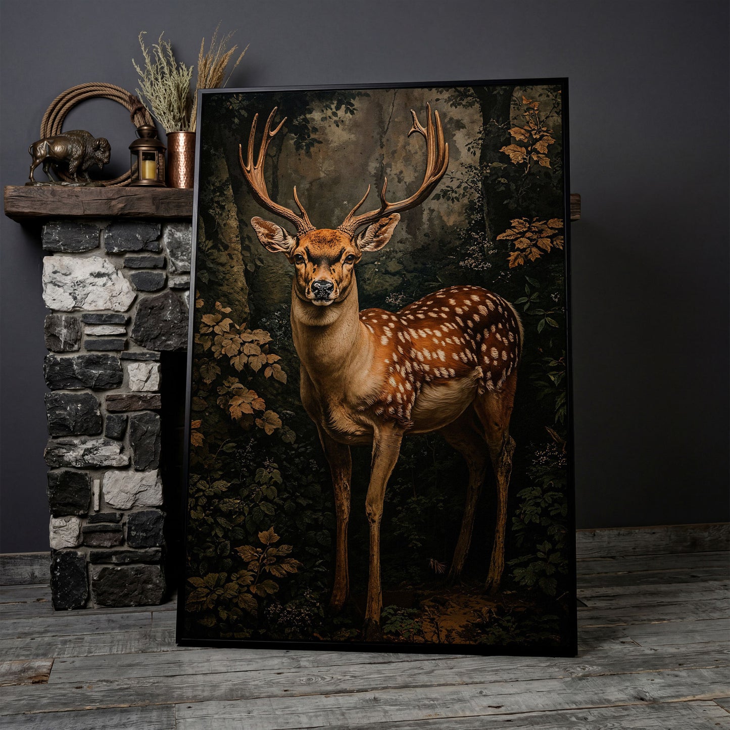 Deer in Forest Canvas Print, Sepia and Green in black floating frame