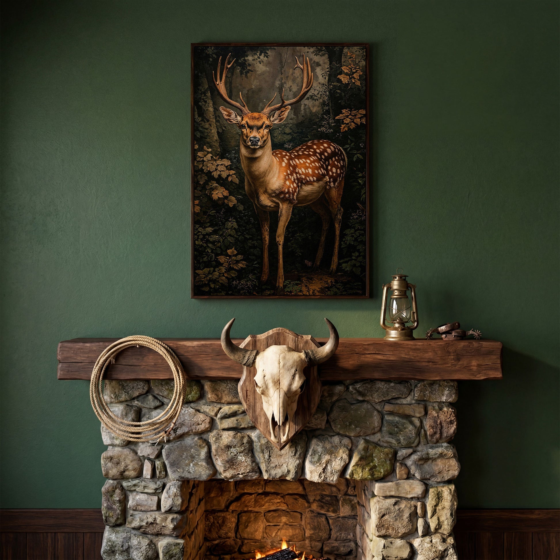Deer in Forest Canvas Print, Sepia and Green in dark walnut floating frame