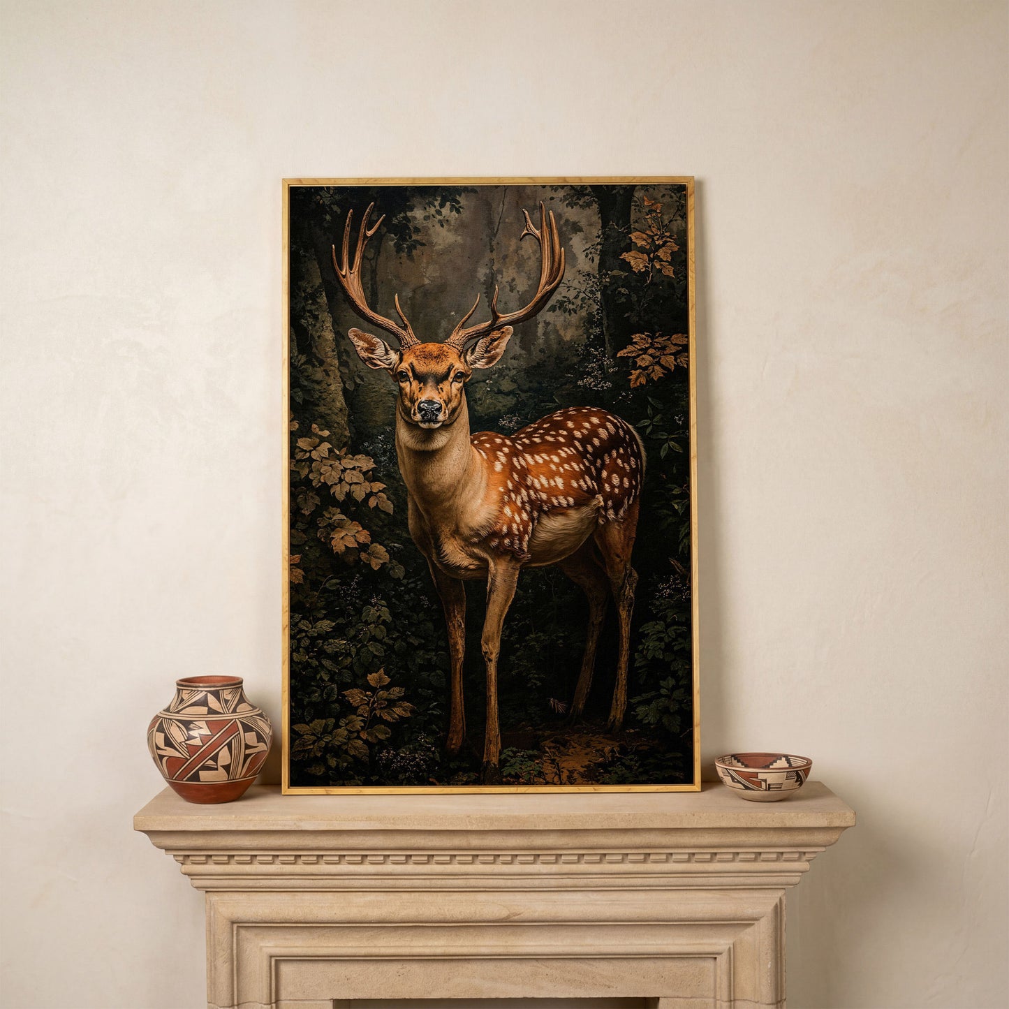 Deer in Forest Canvas Print, Sepia and Green in white oak floating frame