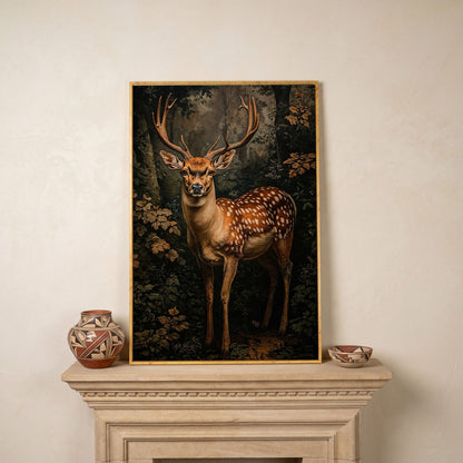 Deer in Forest Canvas Print, Sepia and Green in white oak floating frame