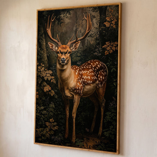 Deer in Forest Canvas Print, Sepia and Green shown in white oak floating frame