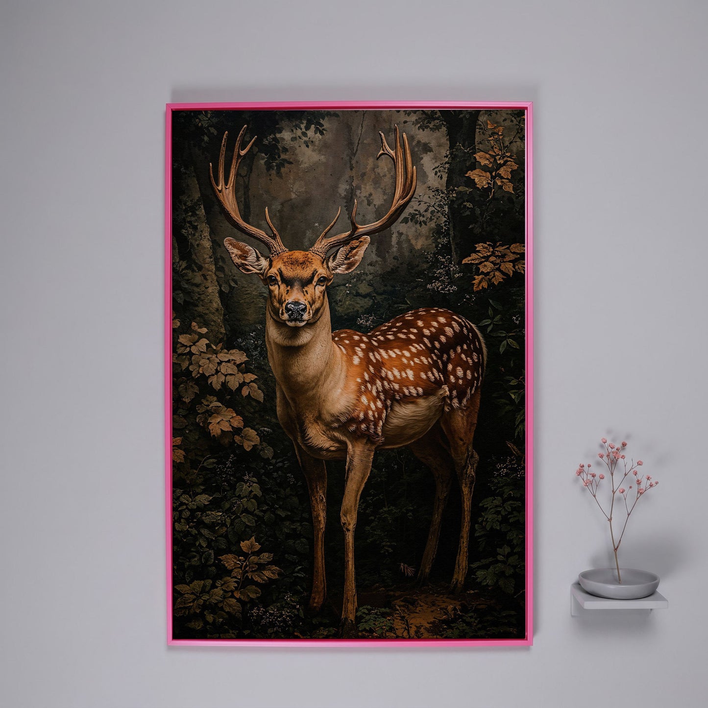 Deer in Forest Canvas Print, Sepia and Green in pink floating frame