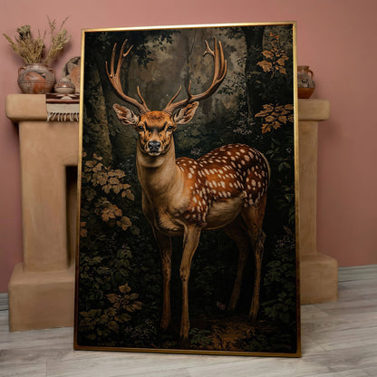 Deer in Forest Canvas Print, Sepia and Green in rose gold floating frame