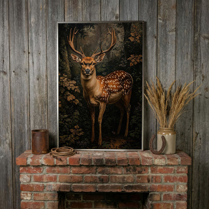 Deer in Forest Canvas Print, Sepia and Green in silver floating frame
