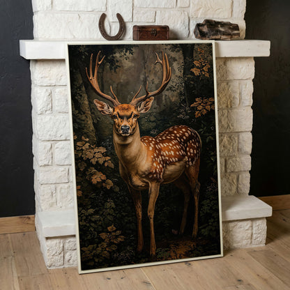 Deer in Forest Canvas Print, Sepia and Green in white floating frame