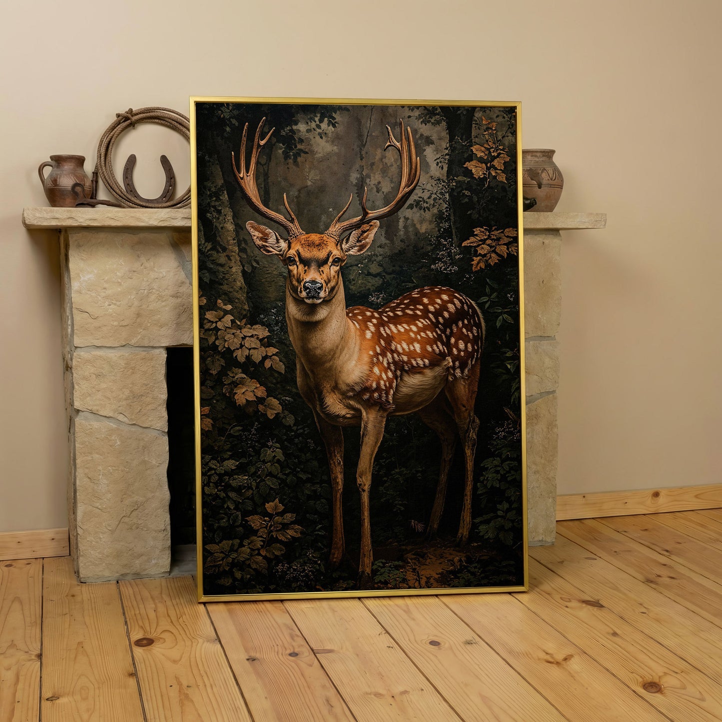 Deer in Forest Canvas Print, Sepia and Green in yellow gold floating frame