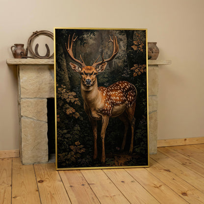 Deer in Forest Canvas Print, Sepia and Green in yellow gold floating frame