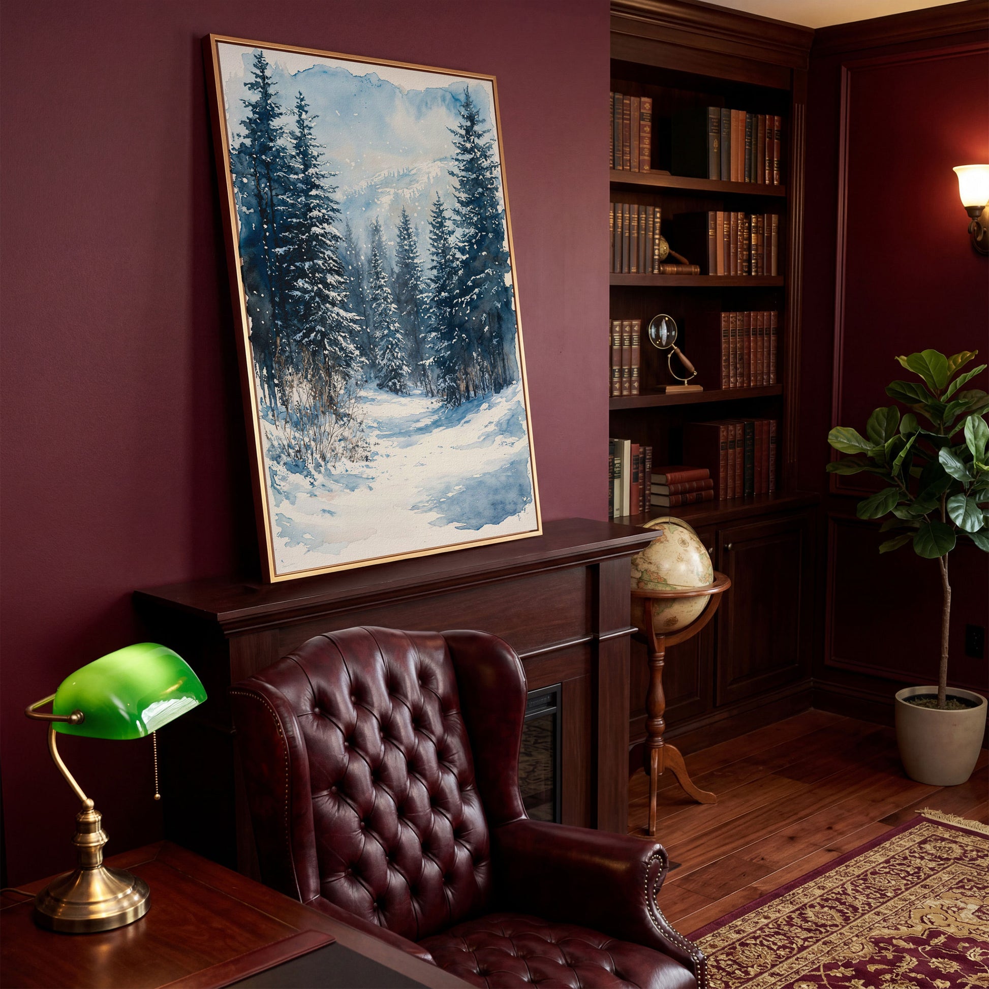 Snowy Pine Forest Canvas with Distant Mountains in antique gold floating frame