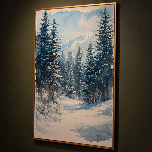 Snowy Pine Forest Canvas with Distant Mountains shown in antique gold floating frame