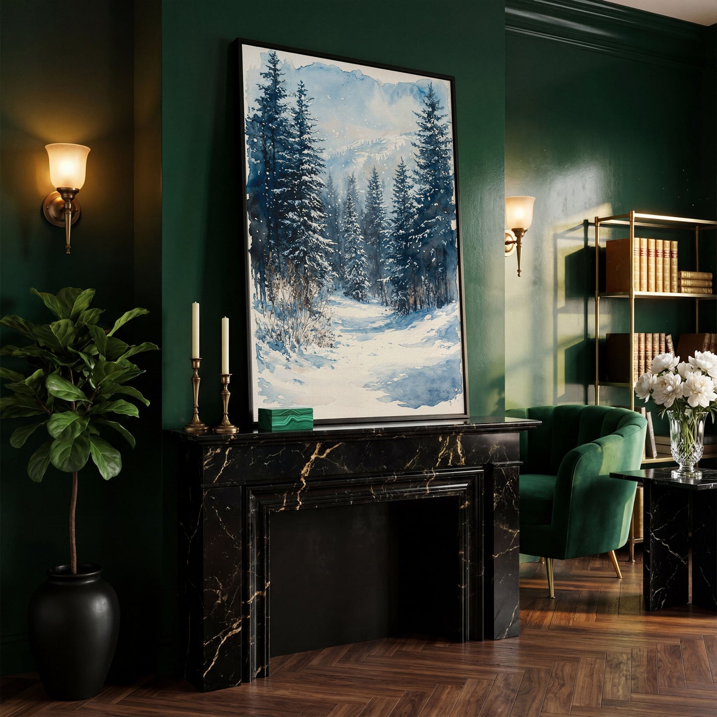 Snowy Pine Forest Canvas with Distant Mountains in black floating frame