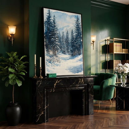 Snowy Pine Forest Canvas with Distant Mountains in black floating frame