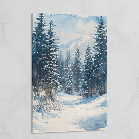 Snowy Pine Forest Canvas with Distant Mountains on gallery wrap