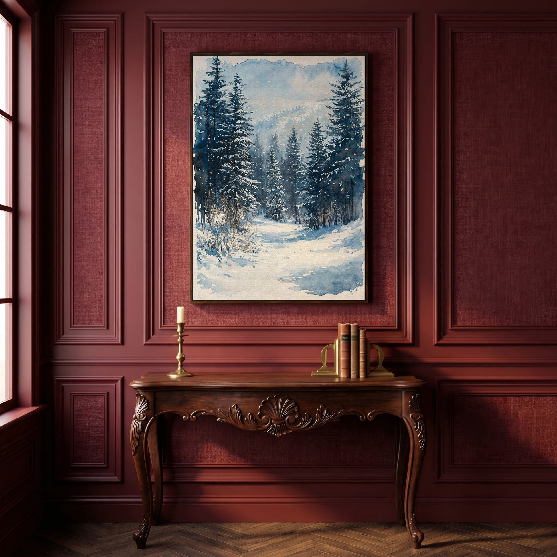 Snowy Pine Forest Canvas with Distant Mountains in dark walnut floating frame