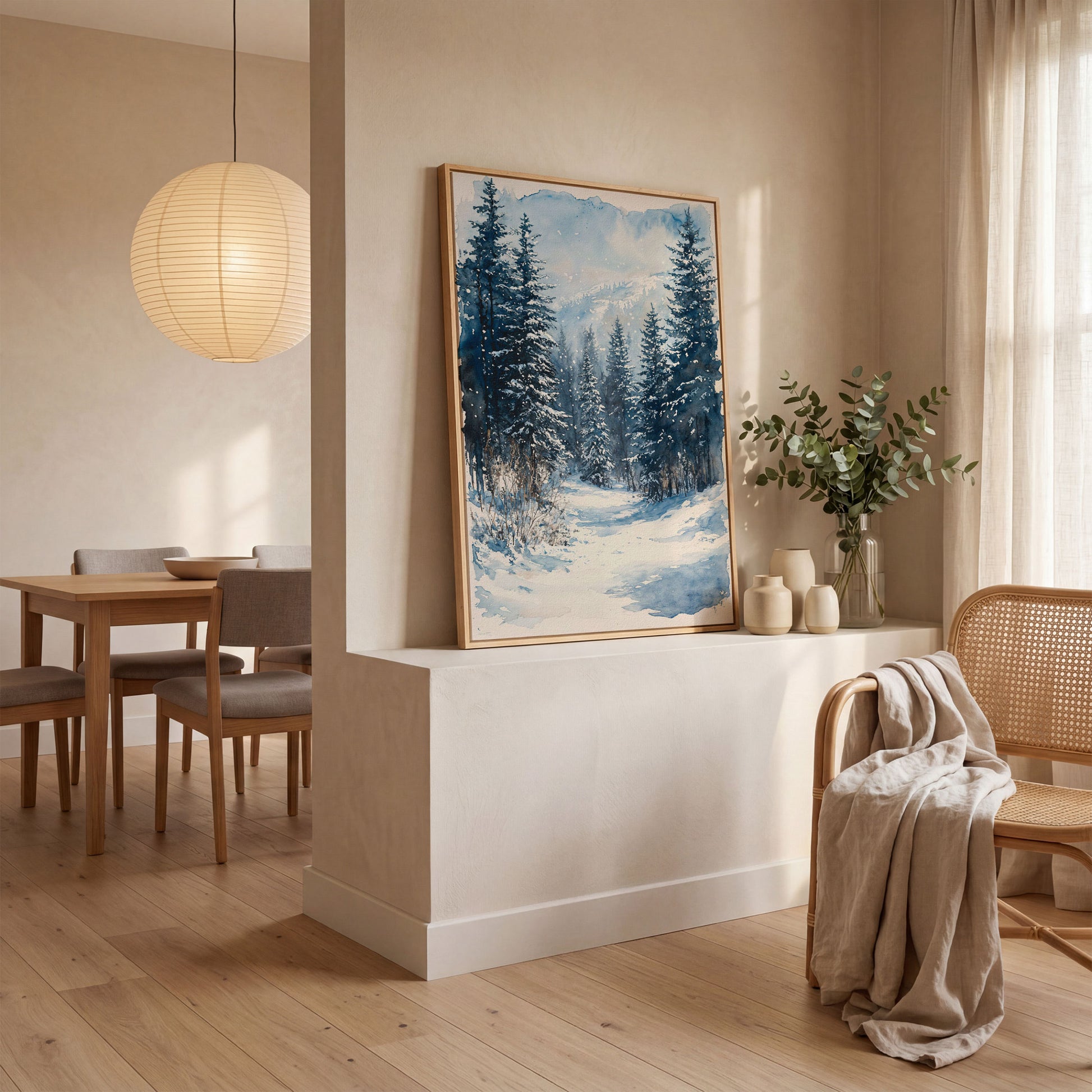 Snowy Pine Forest Canvas with Distant Mountains in white oak floating frame
