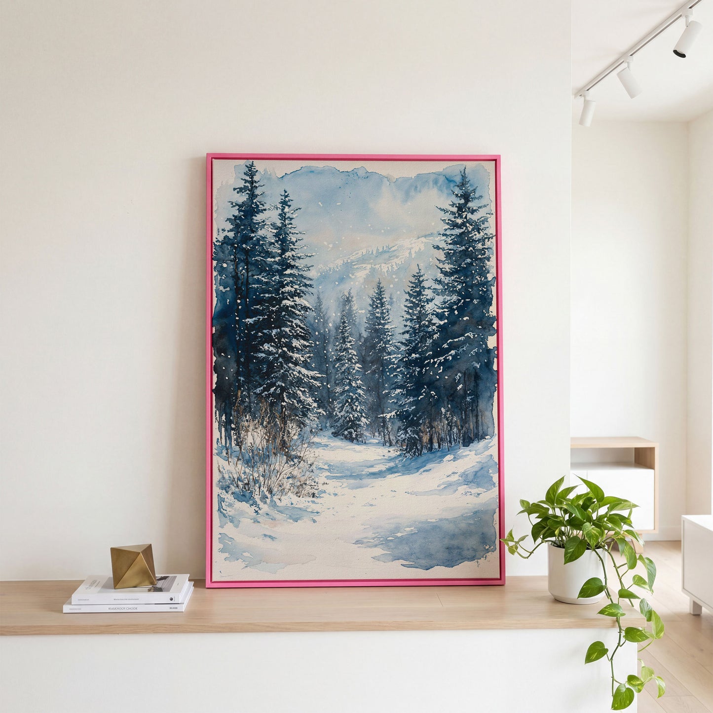 Snowy Pine Forest Canvas with Distant Mountains in pink floating frame