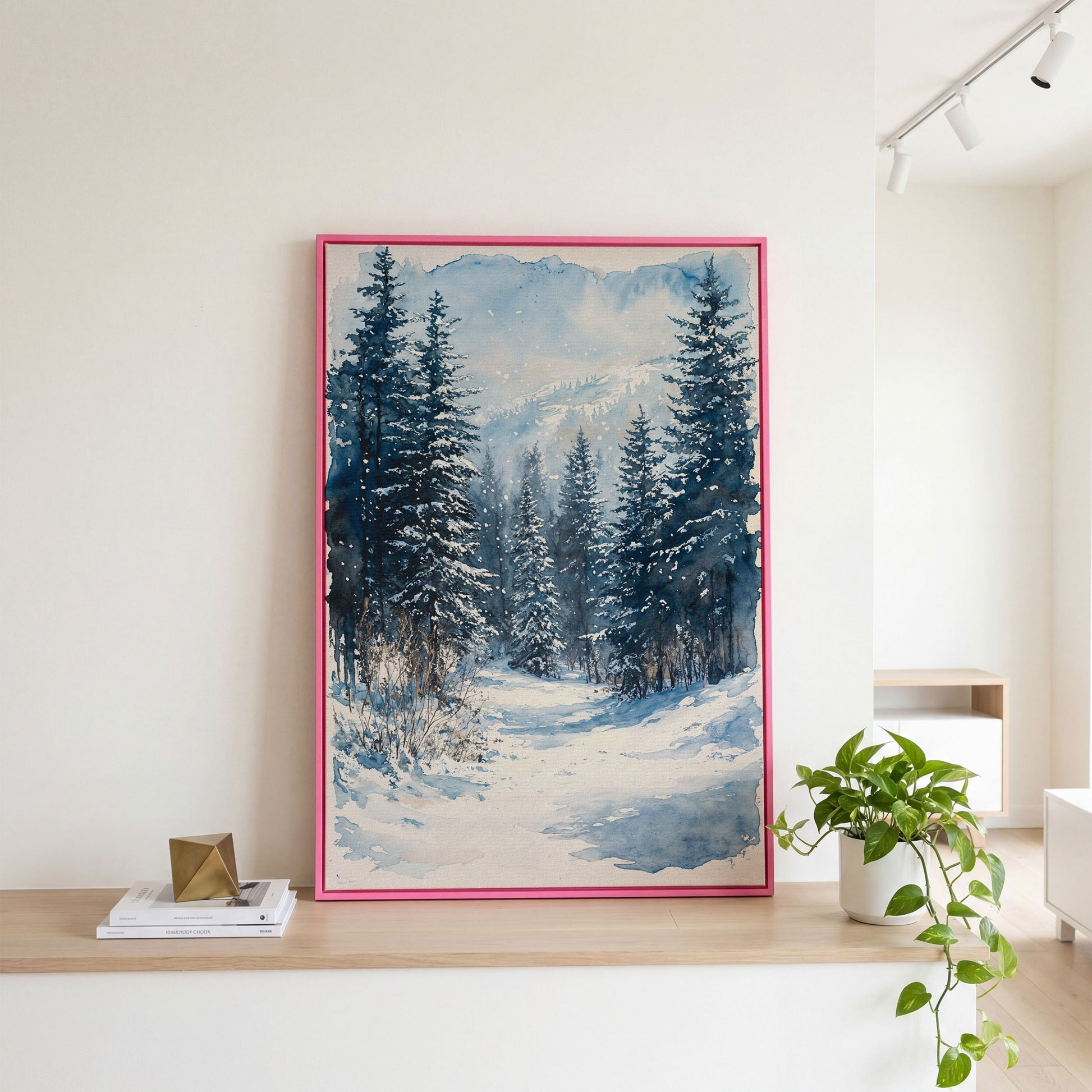 Snowy Pine Forest Canvas with Distant Mountains in pink floating frame